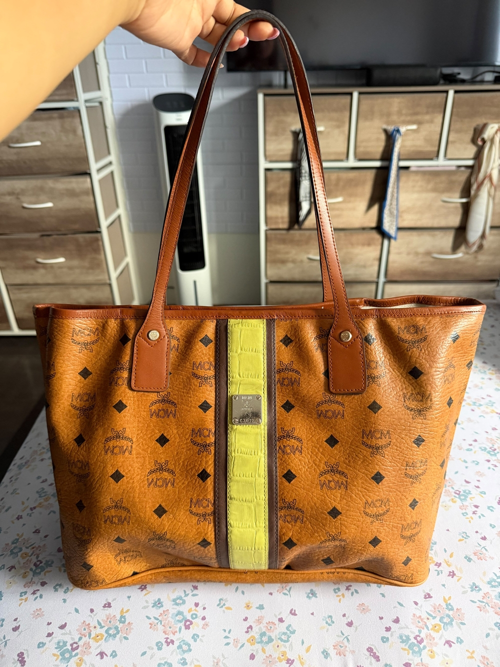 MCM Visetos Cognac & Lime Stripe Tote Bag